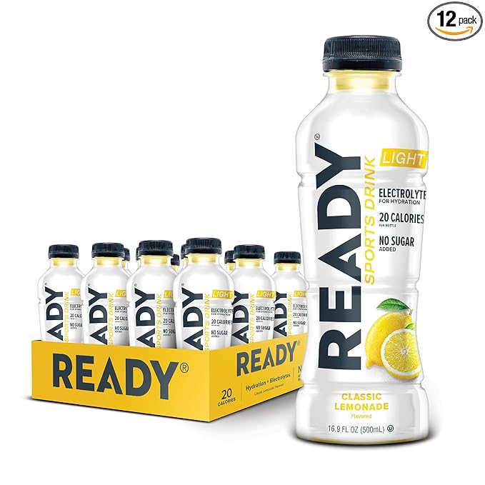 Ready® Sports Drink Light – The Ultimate Low-Calorie Hydration Drink with 4 Different Electrolytes – No Added Sugars – Naturally Sweetened &amp Flavored – Classic Lemonade16.9 oz (12-Pack)