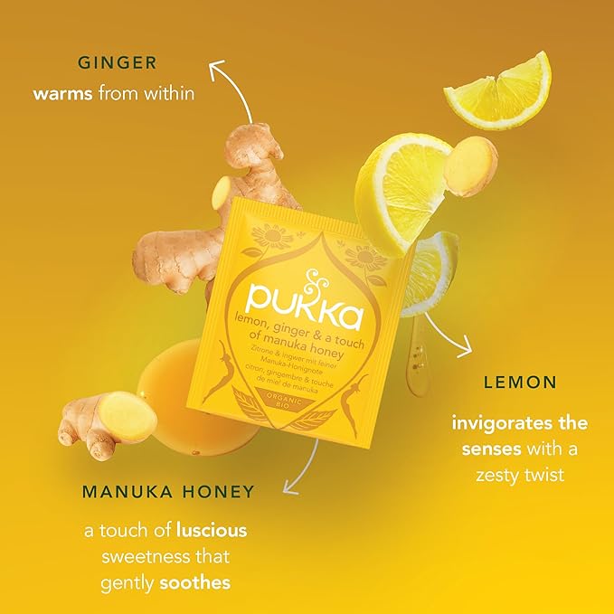 Pukka Organic Lemon Ginger &amp Manuka Honey Herbal Tea Immune Boosting Organic Tea Infusion Selection With Turmeric Ideal For Daily Support Caffeine Free 80 Total Bags (20ct - Pack of 4)