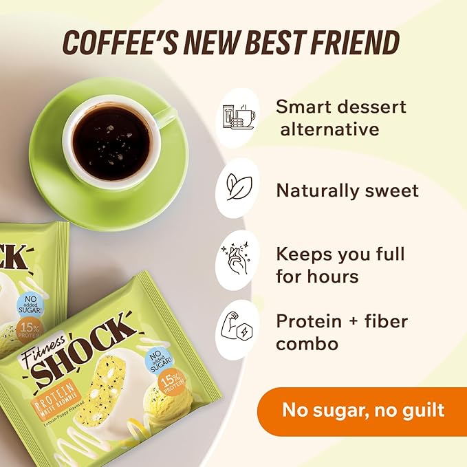 FitnesSHOCK Protein Brownie – Lemon Poppy White Chocolate – Low Sugar Dessert Snack (2g Total Sugar No Added Sugar) – Healthy Snack – 10 Count