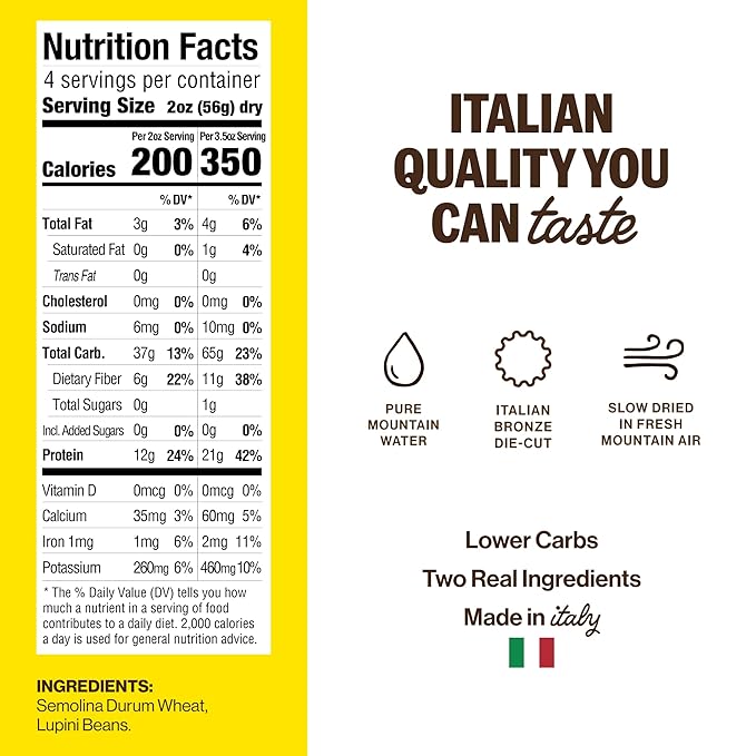Brami Radiatori Italian Protein Pasta | Low Carb | High Fiber | High Protein | Keto | Non-GMO | Made in Italy | Dry Pasta | Semolina Pasta | Fortified with Heart Healthy Lupini Beans | 8oz (Pack of 6)