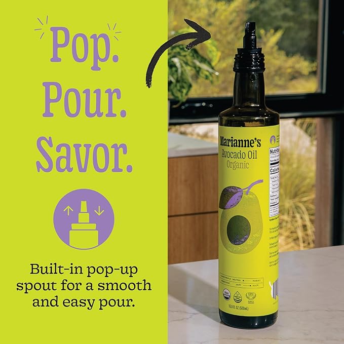 Marianne’s Organic Avocado Oil: 100% Pure Organic Cooking Oil for Frying Sautéing &amp Baking Neutral Flavor High-Heat Performance Up to 500°F Clean Label Project Purity Award