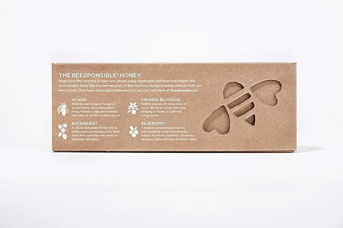 Bee Harmony Rare Varietals Honey Flight Mini Honey Gift Set 4 Jars 3 OZ Each Premium Raw (Acacia Buckwheat Blueberry Blossom Orange Blossom)