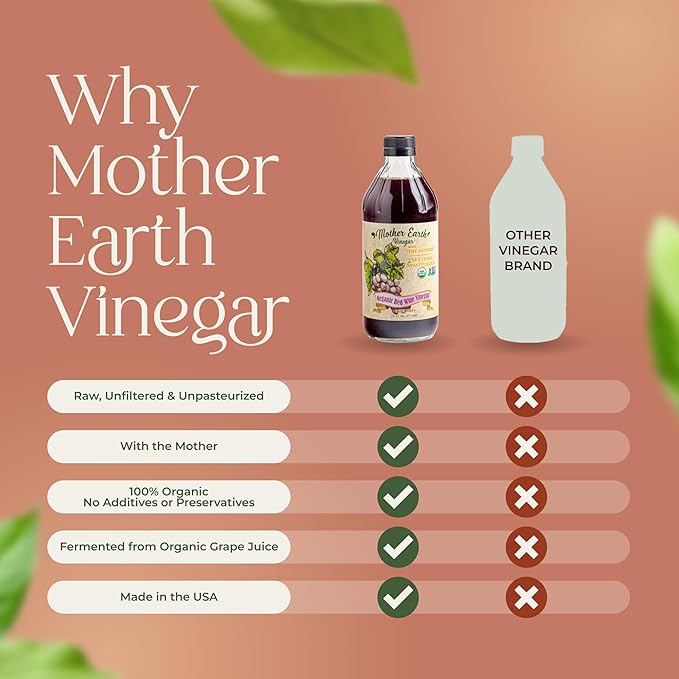 Mother Earth Organic Red Wine Vinegar with The Mother Fresh Pressed Organic Cabernet Grapes ORWV RWV Raw Unpasteurized Unfiltered (1/16oz Glass Bottle)