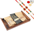 Jaiccha Ghasitaram Rakhi Gifts for Brothers - Set of 2 Striped Wooden Trays of Cashews Almonds and Walnuts with 2 Rudraksh Rakhis
