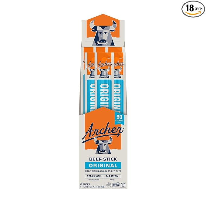 Archer Jerky Beef Jerky Sticks - Grass Fed Beef Snack Individually Wrapped Bulk Snack Packs Gluten Free Paleo Keto - 1 oz Meat Sticks (Pack of 18)