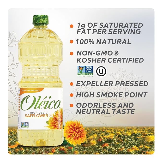 Oleico - High Oleic Non GMO Certified Kosher Verified Expeller Pressed High Heat Stable Safflower Oil Bottle of 32.3 fl oz (Pack of 3)