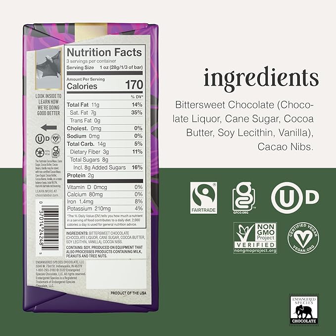 Endangered Species Dark Chocolate Bar with Cacao Nibs (72% cocoa)