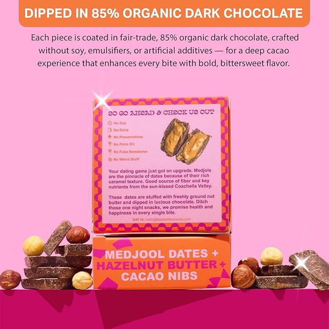 Date Better Hazelnut Praline Stuffed Medjool Dates - Dark Chocolate-Covered Dates Filled With Creamy Hazelnut Butter &amp Cacao Nibs | No Artificial Sweeteners Gluten-Free &amp Vegan (6-Pack)