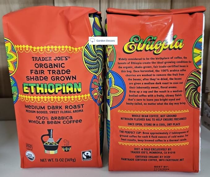 Trader Joe's Organic Fair Trade Shade Grown Ethiopian Medium Dark Roast Whole Bean Coffee 13oz 369g (Two Bags)