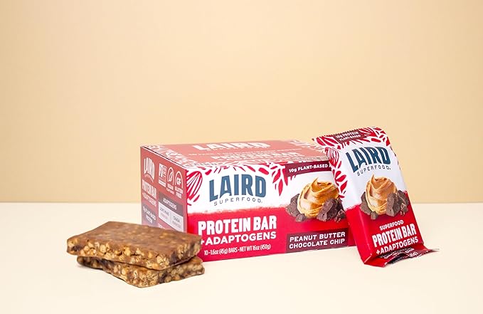 Laird Superfood Functional Protein Bars – Protein Bar but Better with Real Ingredients Functional Mushrooms 10g Plant-Based Protein 6g Fiber - Non-GMO - Peanut Butter Chocolate Chip 10 Count (Pack