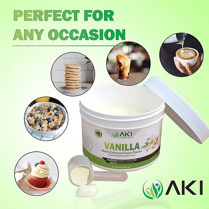 Aki Fine Vanilla Powder Extract From Beans (5.29oz/150g) - Water Extracted Powder Ideal For Baking Cooking Flavoring - Delicious Vanilla Flavor &amp Easy to Add in Smoothies &amp Coffee Non-GMO &a