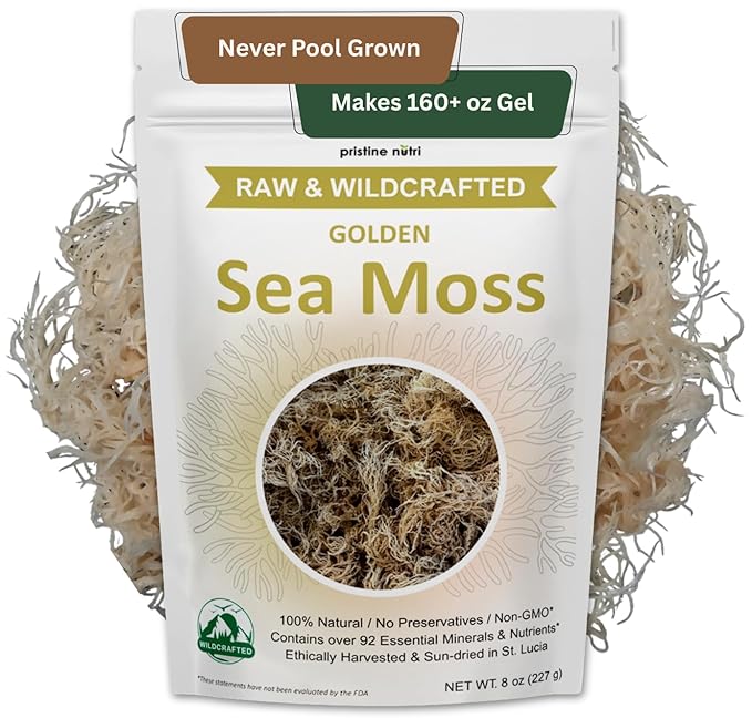 Sea Moss | Raw Wildcrafted Irish Seamoss from St. Lucia | Golden Sun-Dried | Makes 160+ oz of Sea Moss Gel | 100% Natural Vegan Non-GMO | True Mineral-Rich Superfood | 8 oz bulk package