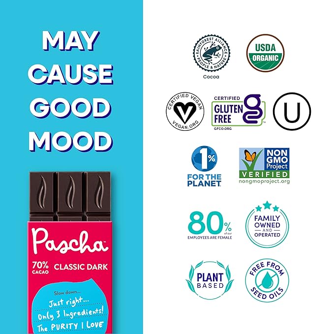 Pascha Organic Dark Chocolate Bars 70% Cacao Gluten Free Non GMO 2.82 oz Pack of 10