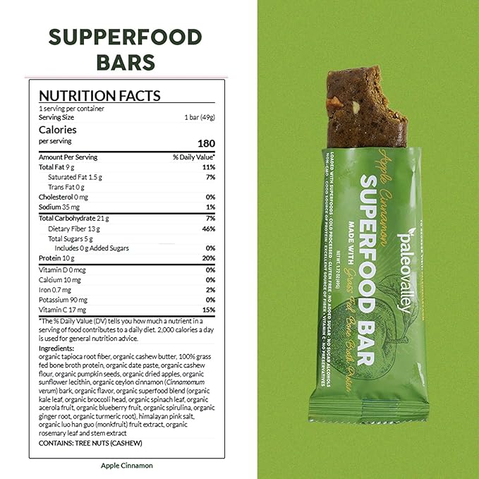 Paleovalley Superfood Bars – Apple Cinnamon– 10 Pack – 9g Protein per Bar – Gluten-Free Grain-Free Paleo Non-GMO – On-the-Go Snack