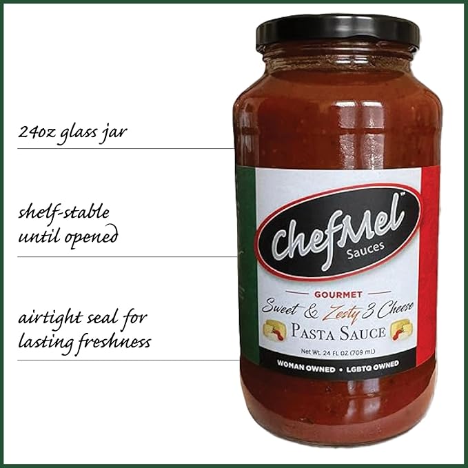 ChefMel’s Zesty Three Cheese Pasta Sauce - Creamy Sweet Tomato Sauce with a Bold Blend of Cheeses - Handcrafted in Small Batches - Gluten-Free - Great for Pasta Pizza &amp More - 24oz Jar (2 Pack)