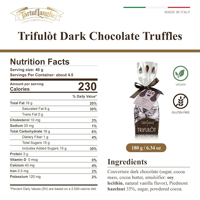 TartufLanghe Trifulot Dark Chocolate Truffles with Piedmont Hazelnuts - Crunchy Black Praline Gourmet Italian Truffle Candy Fancy Chocolate Gift Bag From Italy Dairy Free - 6.34 oz