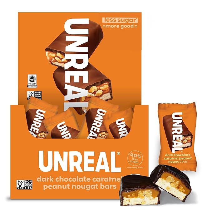 UNREAL Dark Chocolate Peanut Caramel Nougat Bars (30 Mini Bars) | 70% Organic Ingredients Fair Trade Non-GMO | No Corn Syrup Sugar Alcohols Soy | .67oz each