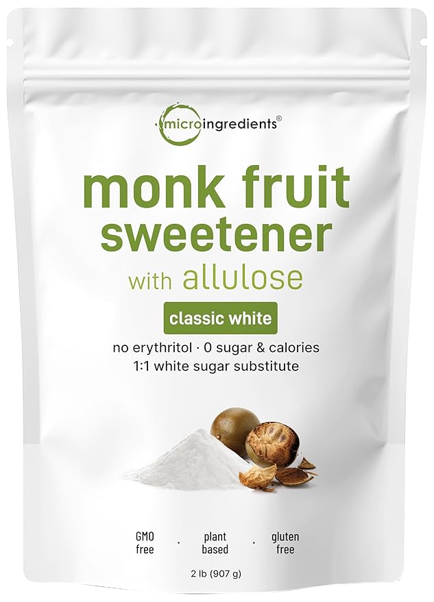 Monk Fruit Sweetener with Allulose 2 lbs | No Erythritol | No Aftertaste 1:1 White Sugar Substitute Keto &amp Vegan Friendly Zero Calorie | Great for Drinks Coffee Tea Cookies | Non-GMO