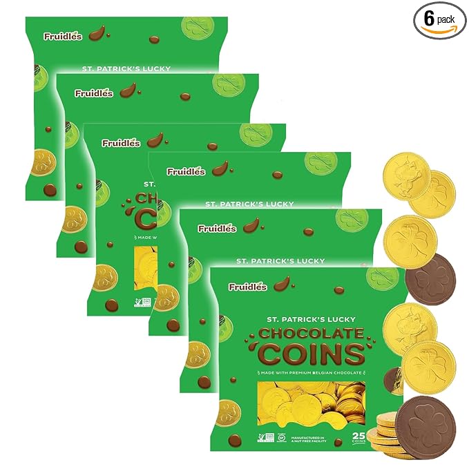 St. Patrick's Day 6 Bags 25 Chocolate Coins Gold Shamrock Coins Foils Premium Belgian Milk Chocolate Clover Coins Resealable Bag Nut-Free (6 Bags)