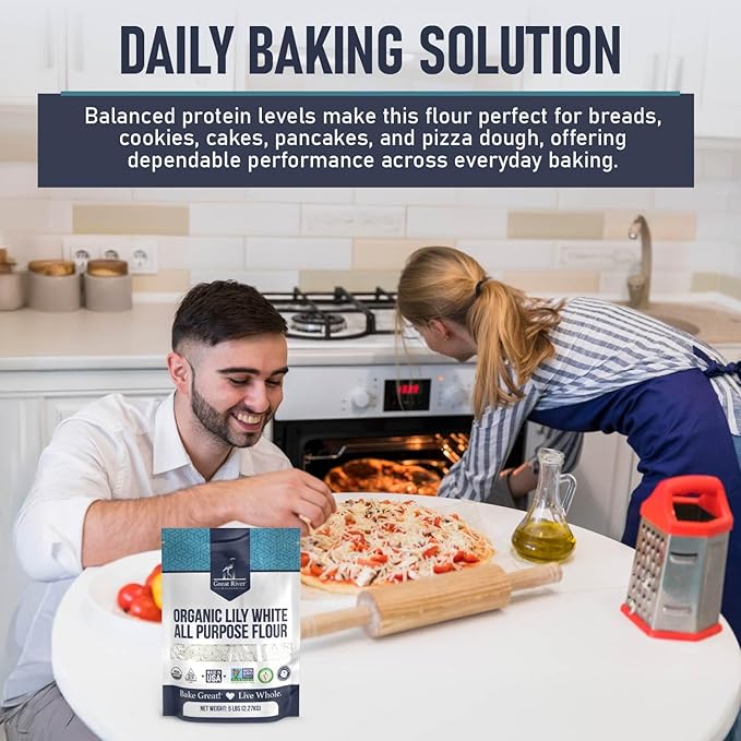 Great River Milling Lily White Organic All-Purpose Flour | Unbleached &amp Unbromated | Non-GMO Kosher | Ideal for Bread Cookies Cakes Pizza Dough &amp Everyday Baking | 5 Lb