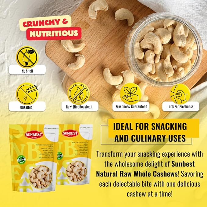Sunbest Natural Raw Whole Cashews – 48 oz (3 lb) Bulk Bag – Unsalted Unroasted Cashews Vegan Gluten-Free Non-GMO – Perfect for Snacking Cooking &amp Baking