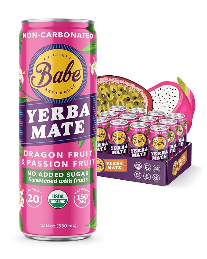 Babe Organic Yerba Mate Energy Drinks | 150mg Plant-Based Caffeine | Natural Yerba Mate Tea with No Crash No Jitters (Dragon Fruit &amp Passion Fruit Zero Sugar)