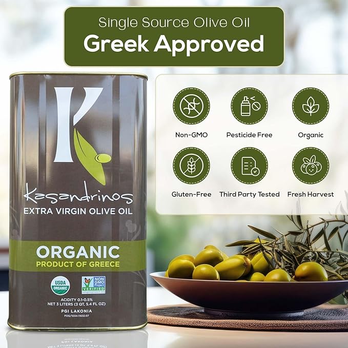 Kasandrinos Organic HUGE 3 LITER Extra Virgin Greek Olive Oil Pack of Two