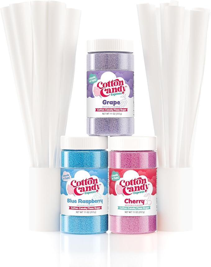 Cotton Candy Express Floss Sugar Variety Pack with 3 - 11oz Plastic Jars of Cherry Blue Raspberry &amp Grape Flossing Sugars Plus 50 Paper Cotton Candy Cones
