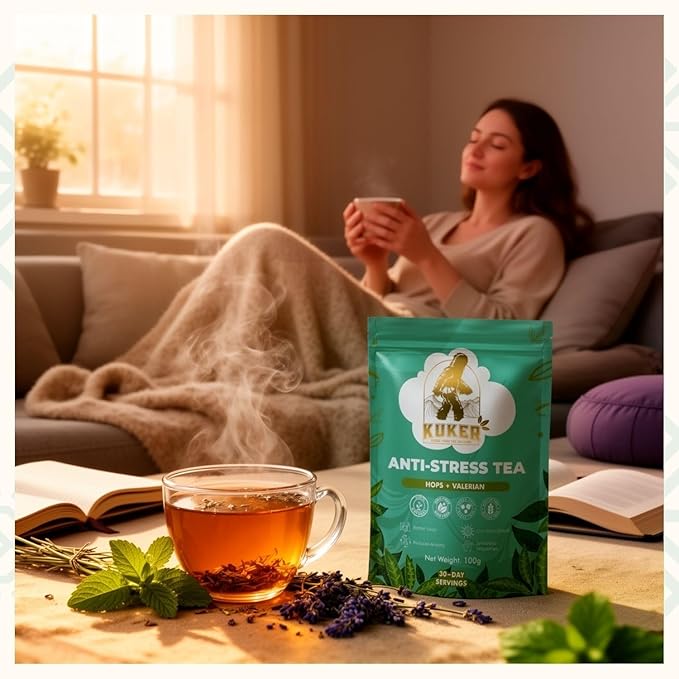 KUKER Anti-Stress Tea 100g Loose Leaf – Calming Herbal Tea with Chamomile Valerian Lavender &amp Lemon Balm – Natural Anxiety Relief &amp Sleep Support