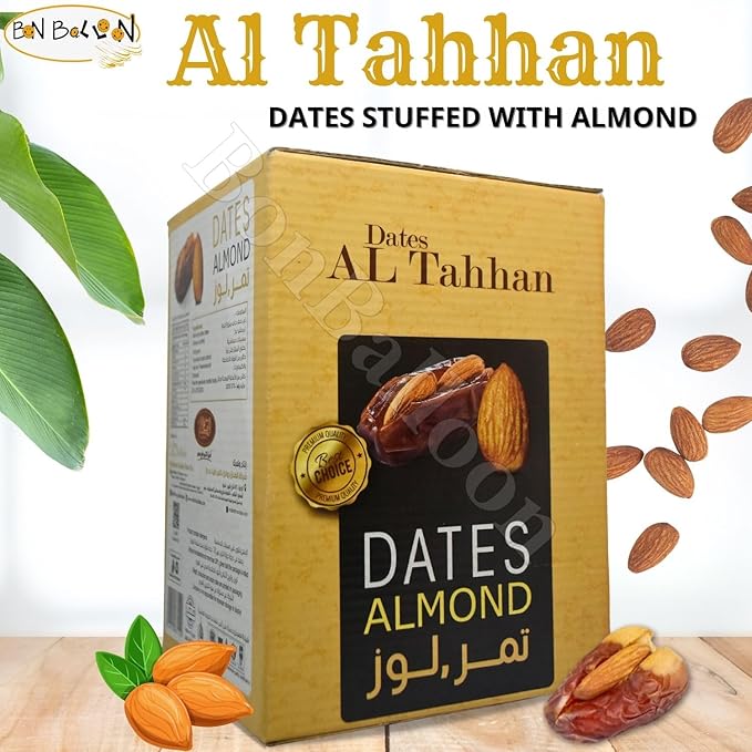 Al Tahhan Dates With Almond Stuffed Premium Semi Dry Without Seed Delicious Sweet Finest Natural Tamr Food Fresh Egypt Ramadan No Gmo Kosher Halal (1 Pack = 60 Pcs - Net W : 21.17 oz) تمرمحشو لوز