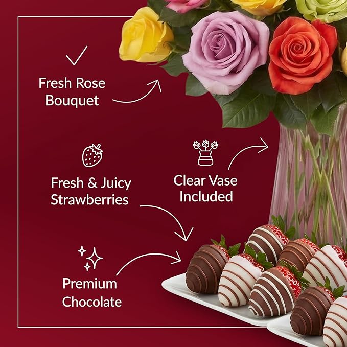 Shari’s Berries 24 Assorted Roses with Vase &amp 12 Gourmet Chocolate Covered Strawberries Gift Set| Flower &amp Chocolate Gift Delivery for Valentine's Day Anniversary Birthday &amp Thank You