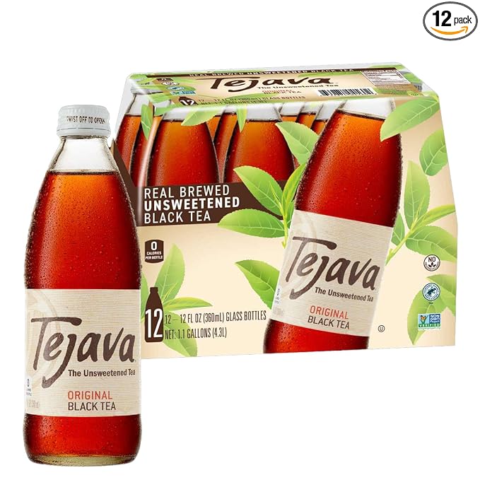 Tejava Original Black Iced Tea 12 Pack 12oz Glass Bottles Unsweetened Non-GMO Kosher No Sugar or Sweeteners No calories No Preservatives Brewed in Small Batches