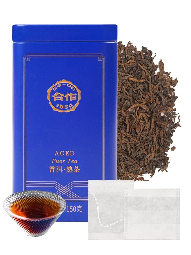 CO-OP 1950 Ripe Pu Erh Tea Loose Leaf 150g Premium Yunnan Whole Loose Large-Leaf Fermented Pu-erh Smooth Mellow &amp Rich Pure Pine Smoke Aroma No Additives 20 Empty Teabags Included