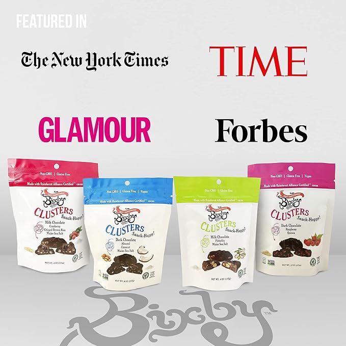 Bixby 6 Pack of Clusters Dark Chocolate Covered Quinoa and Raspberry | Kosher Non-GMO Gluten Free Bites | Resealable 4oz Bags of Quinoa Clusters On The Go Chocolate Snacks | Chocolate Raspberry Mix