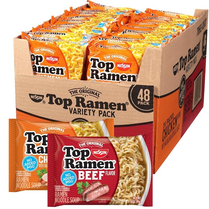 Nissin Top Ramen Noodles Chicken and Beef Soup Variety Pack 3 Ounce (Pack of 48)