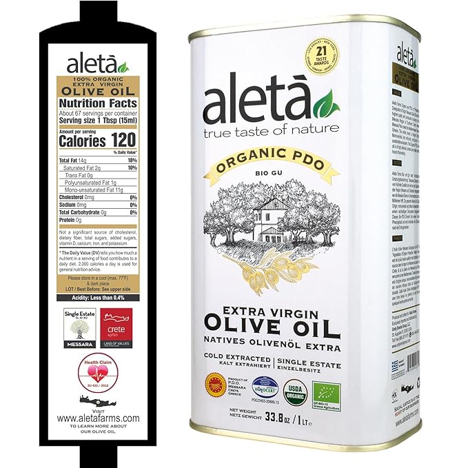 Aleta Farms Olive Oil Extra Virgin USDA Organic Single Estate PDO Polyphenol Rich Olive Oil Cold Pressed Global Gold Awards Kosher 33.8 Fl oz (1 Ltr) Pack of 4