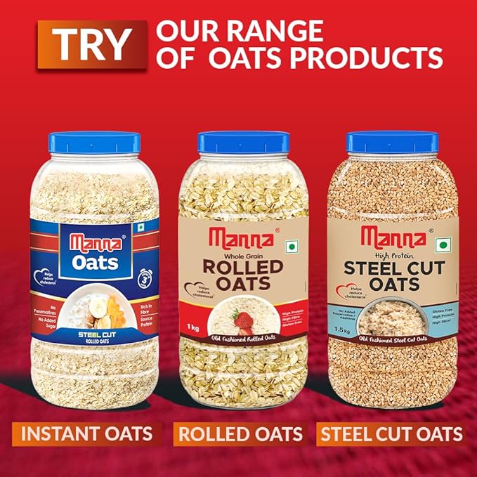 Manna 100% Rolled Oats 2kg | Gluten Free | Traditional Oats | Diabetic Friendly | 100% Wholegrain 1kg (Pack of 2)