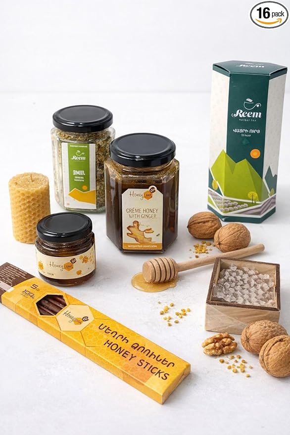 Honey &amp Tea Gift Set – Pure Natural Honey and Herbal Tea Assortment from Armenia – Traditional Gourmet Gift Box for Holidays Birthdays &amp Special Occasions