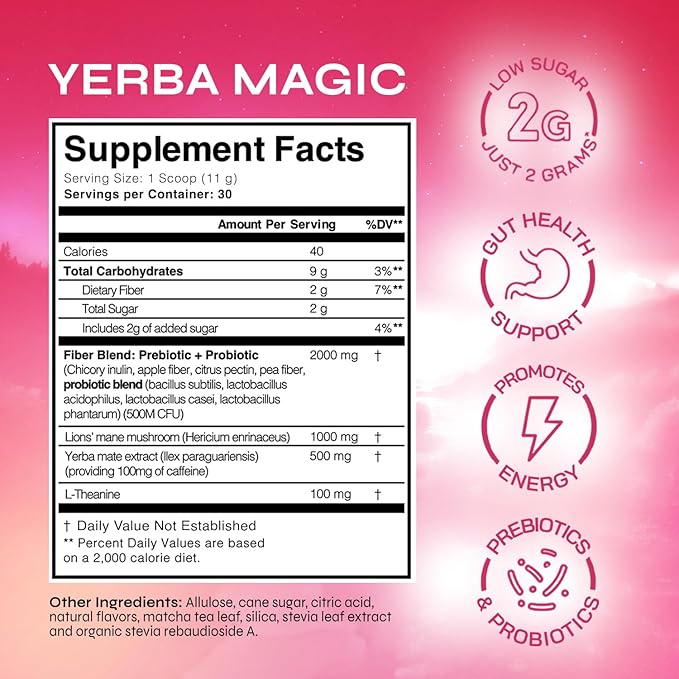 Brainista Yerba Magic Yerba Mate Tea Instant Powder Drink with Nootropics Pre &amp Probiotics Clean Energy Mental Clarity &amp Gut Wellness Low Sugar Natural Caffeine Strawberry Matcha 30 Se