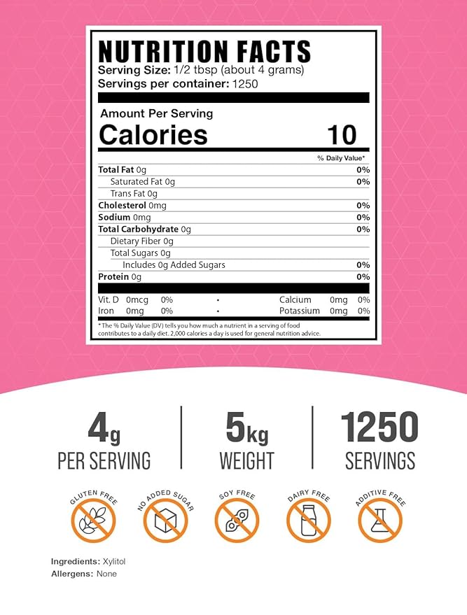 BulkSupplements.com Xylitol Powder - Sugar Substitute Food-Grade Powder - Vegan &amp Gluten Free 4g per Serving 1kg (2.2 lbs) (Pack of 5)