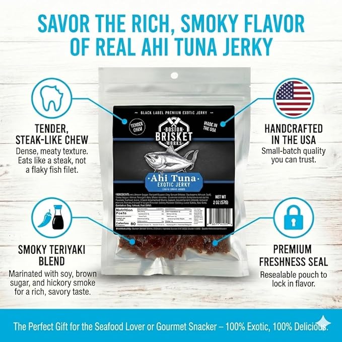 AHI TUNA JERKY - Premium Fish Meat - Gourmet Seafood Snack - Unique Fisherman Gift for Dad Guy - Healthy Pescatarian Present