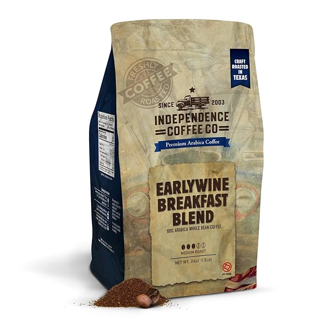 Independence Coffee Co. Earlywine Breakfast Blend Medium/Dark Roast Whole Bean Coffee 24 Ounce Bag (Packaging May Vary)