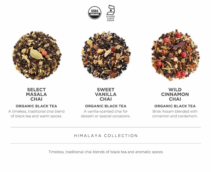 Teabloom Himalaya Chai Gift Set – Organic Chai Tea Sampler with 12 Plant-Based Pyramid Sachets Elegant Presentation Box for Tea Lovers