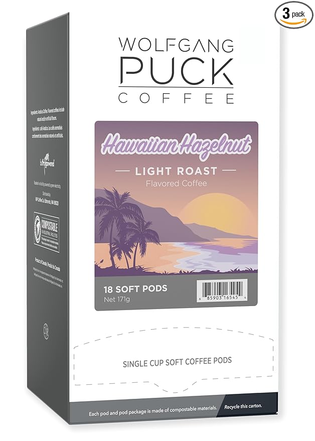 Wolfgang Puck Coffee Hawaiian Hazelnut Flavored 9.5 Gram soft Pods 18 Count (Pack of 3)