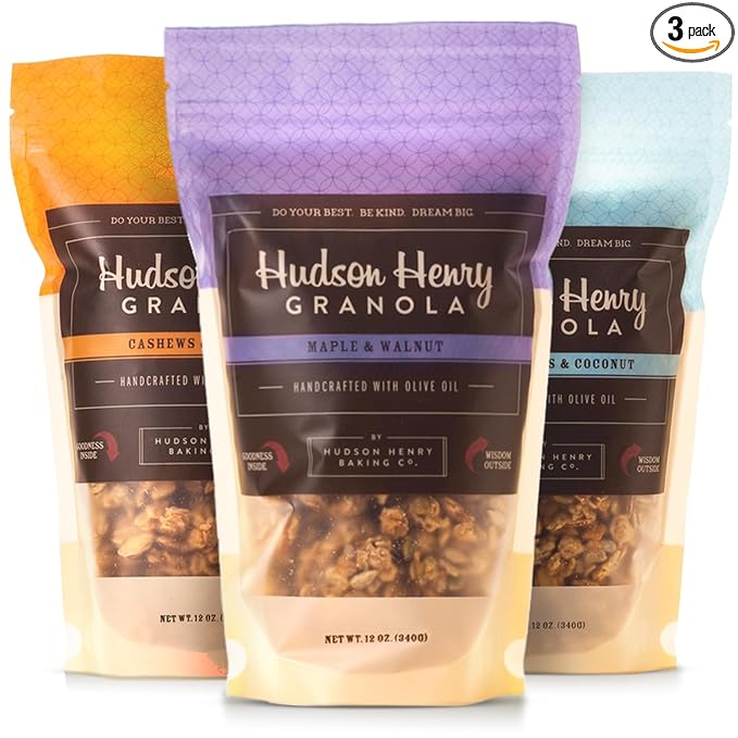 Hudson Henry Granola Trio Pack for Yogurt Snacking &amp Cereal | Maple Pecan Cashew Coconut &amp Maple Walnut Granola | Gluten Free Non-GMO Small Batch Baked | 3 Pack (12 oz Bags)