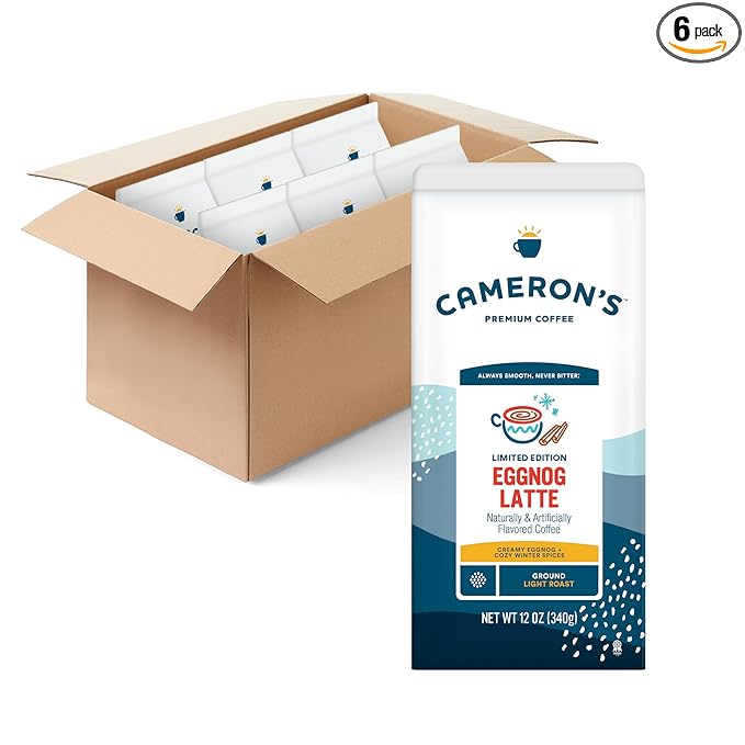 Cameron's Coffee Roasted Ground Coffee Bag Eggnog Latte Smooth Flavored Coffee Sustainable Small-batch Roasted 12 Ounce (Pack of 6)