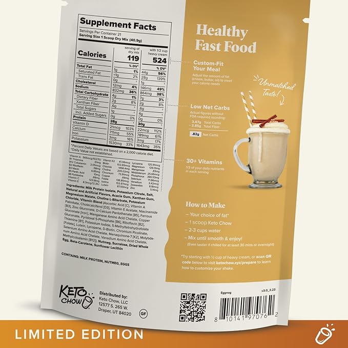 Keto Chow Egg Nog - Keto Meal Replacement Shake Powder - Nutritionally Complete - Low Carb - Delicious Easy Meal Substitute - Protein Rich You Choose The Fat - 21 Meal Serving