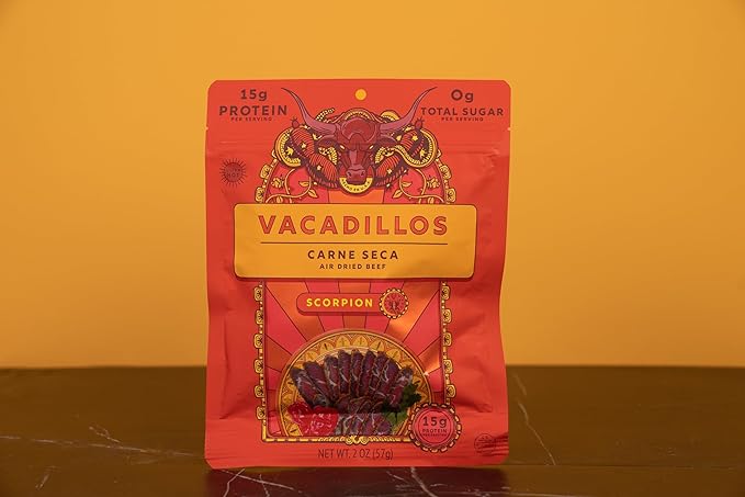 Vacadillos - High Protein Carne Seca | 30g Protein Sugar Free Carbs Free Gluten Free Dairy Free Keto &amp Paleo Friendly | Mexican Inspired Beef Jerky Snack | Scorpion Pack Of 4