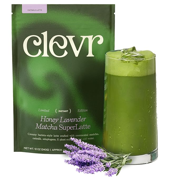 Clevr Honey Lavender Matcha SuperLatte Instant Ceremonial Grade Superfood Powder Blend Oat Milk Lion Mane Reishi Mushroom Coconut Cream Ashwagandha Serve Hot or Iced (14 Lattes)