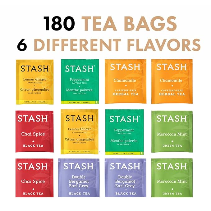 Stash Tea Variety Pack 180 Tea Bags – 6 Flavor Sampler (Herbal Black &amp Green) Non-GMO Verified.
